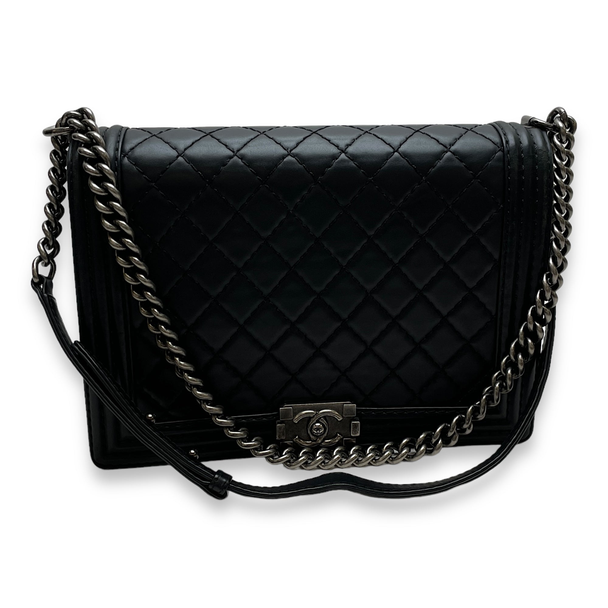 Boy Large Black Shoulder Bag in Calfskin, Ruthenium hardware - Image 10