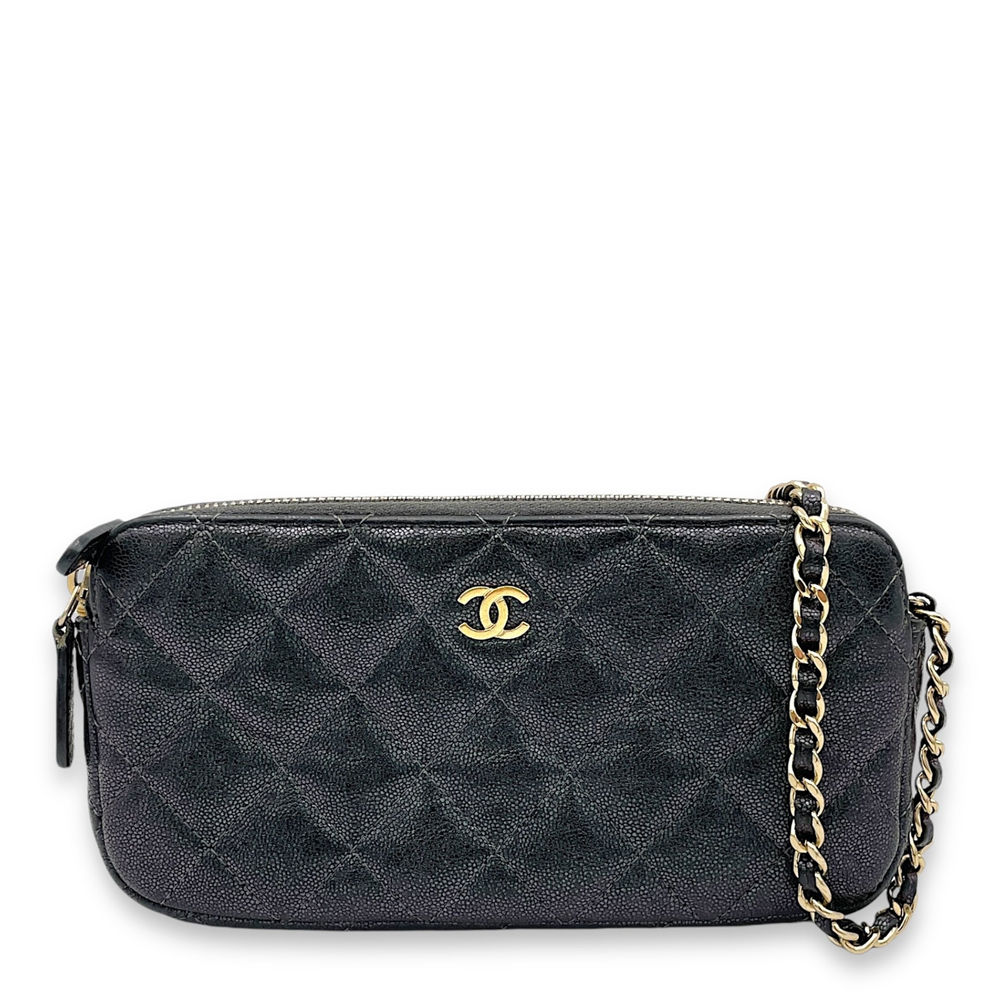 Double Zipped Clutch Iridescent in Caviar Leather, Gold hardware