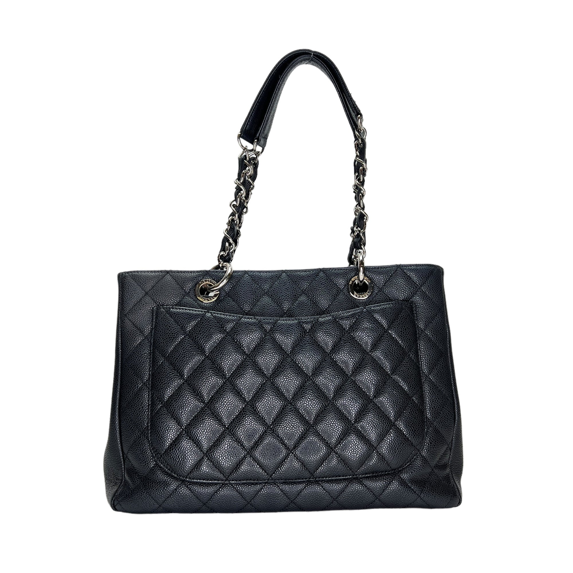 GST Black Tote Bag in Caviar Leather, Silver hardware