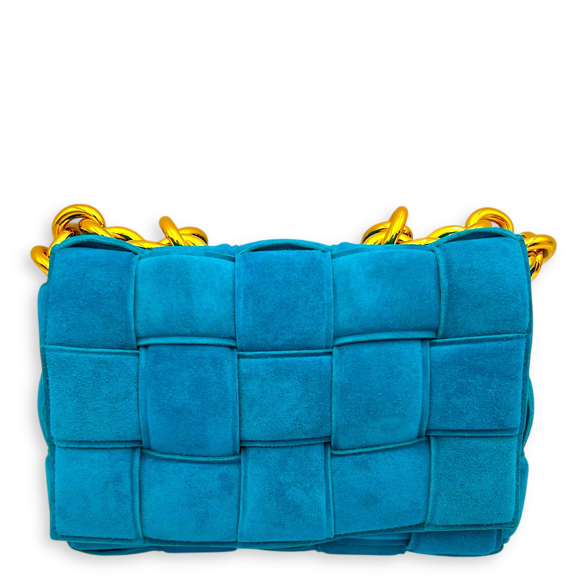 Cassette Crossbody Bag Blue in Suede Leather, Gold hardware