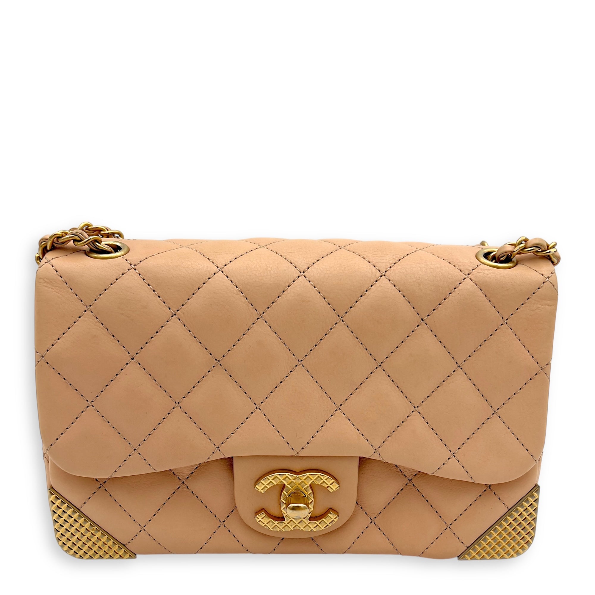 Mini Rectangle Shoulder Bag Beige in Lambskin, Gold hardware