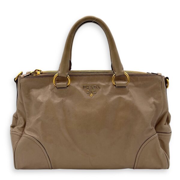 Logo Top Handle Bag Beige in Calfskin, Gold hardware