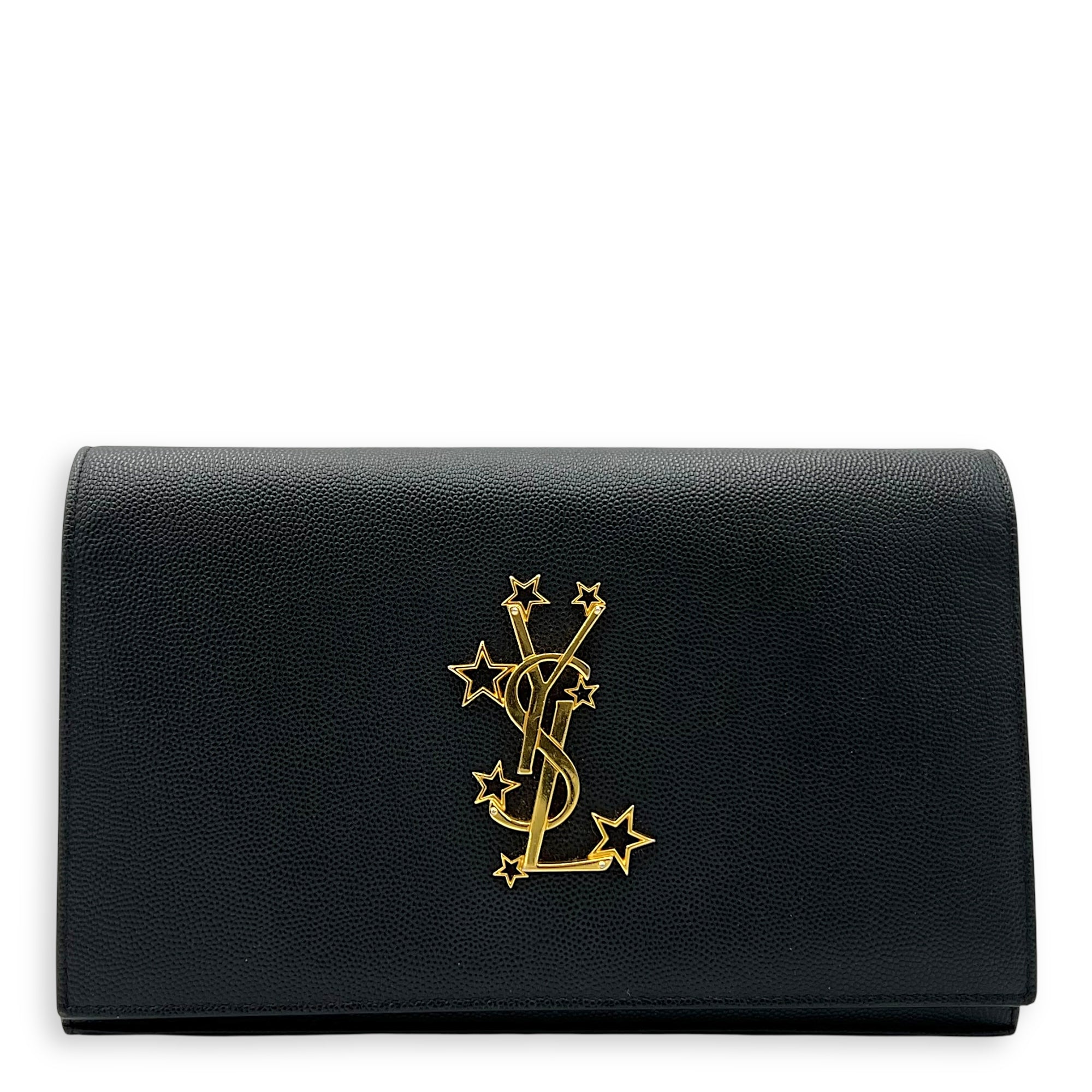 Star Monogram Black Wallet On Chain in Calfskin, Gold hardware