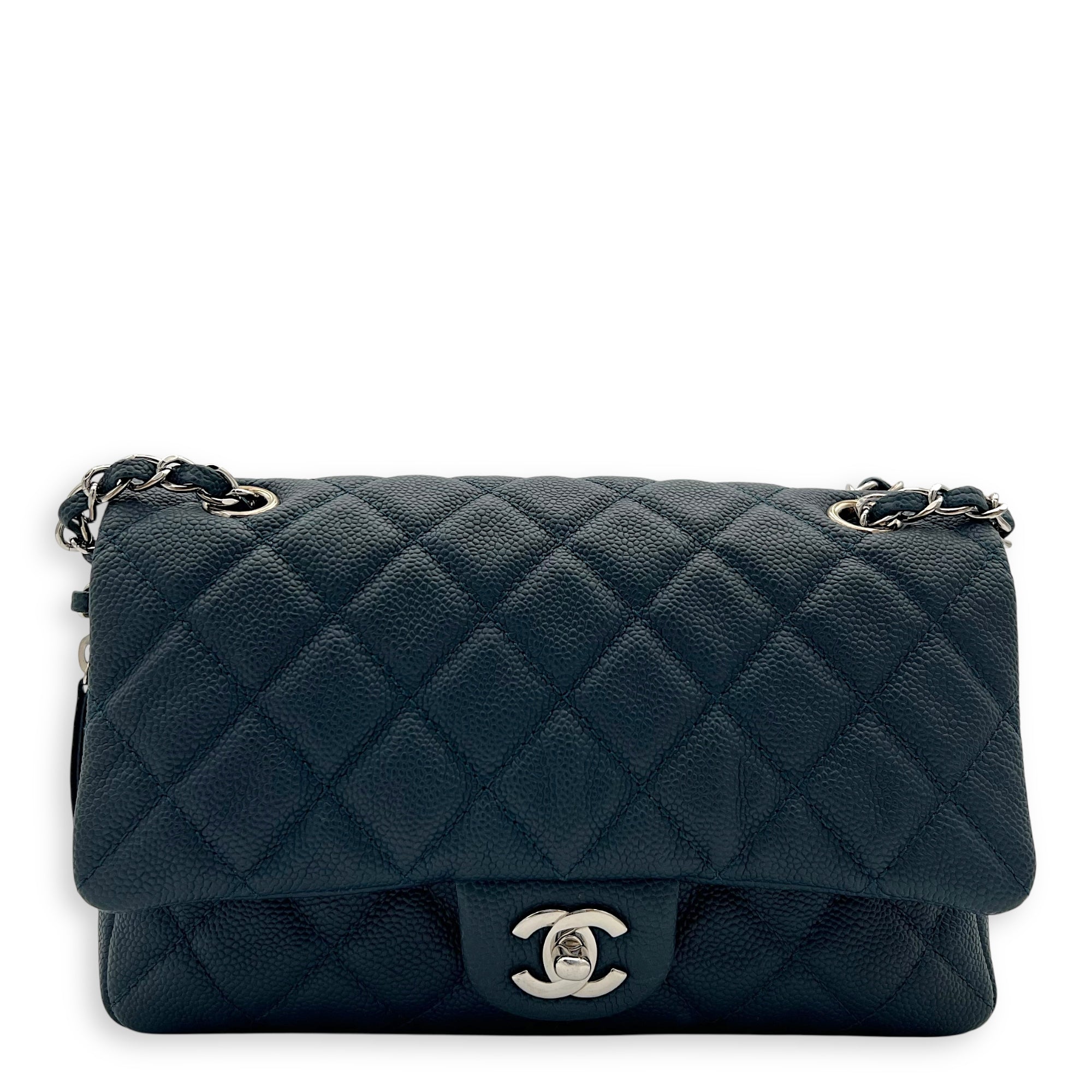CC Shoulder Bag Blue in Caviar Leather, Silver hardware