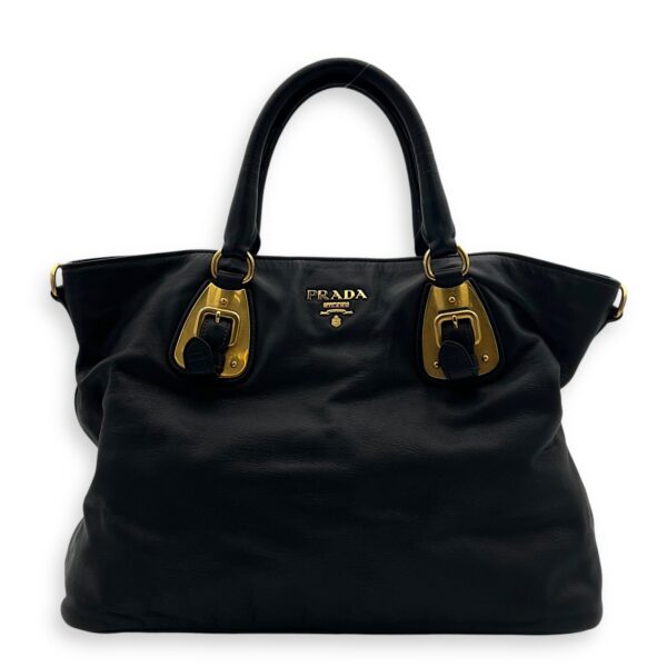 Logo Top Handle Bag Black in Calfskin, Gold hardware