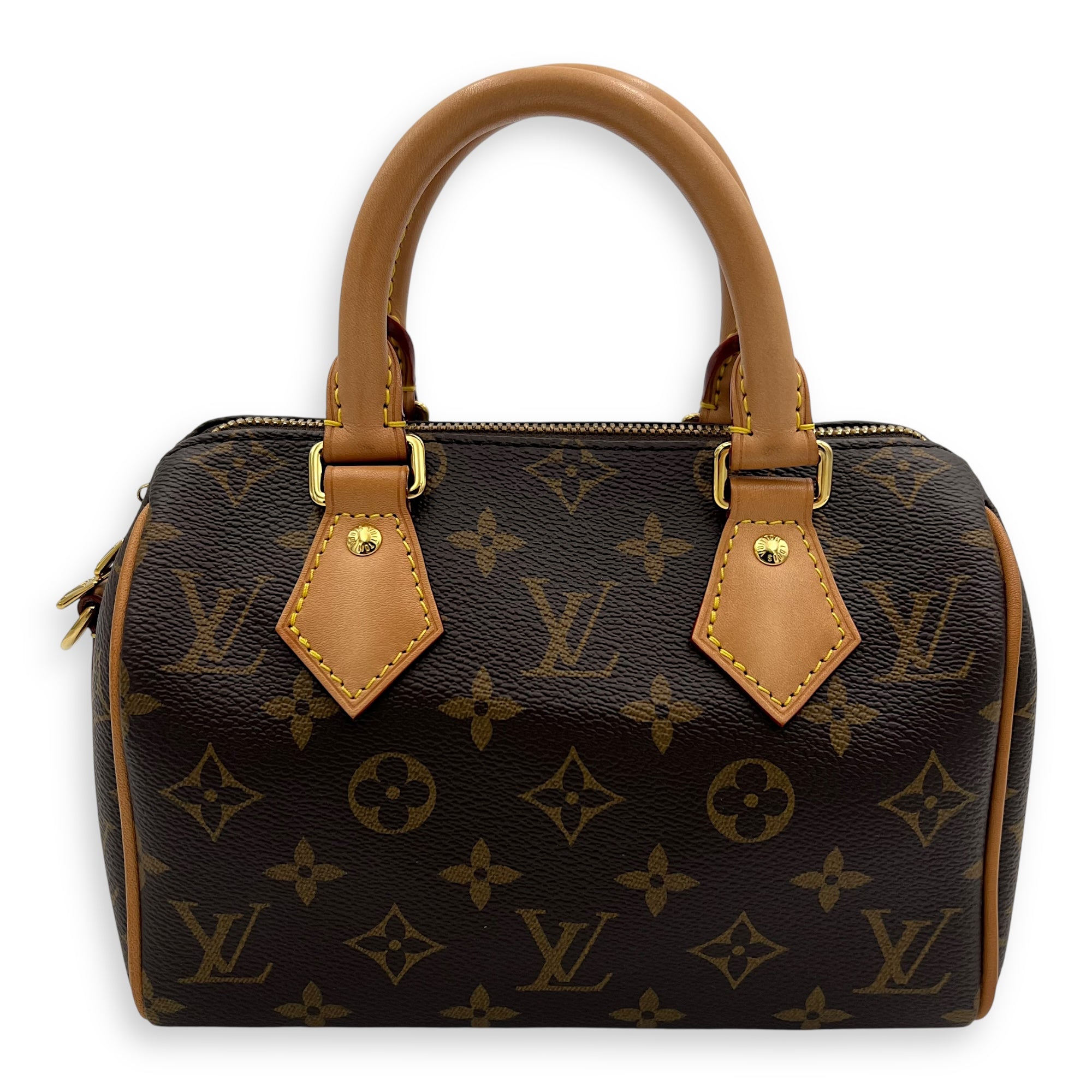 Speedy Bandouliere 20 Brown Top Handle Bag in Monogram Coated Canvas, Gold hardware