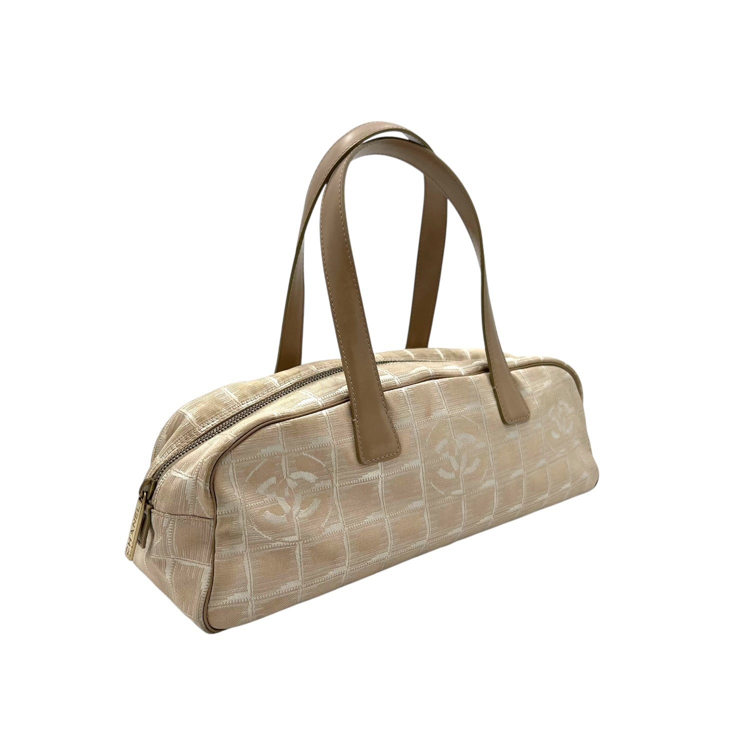 Travel Line Top Handle Bag Beige in Jacquard, Gold hardware - Image 4