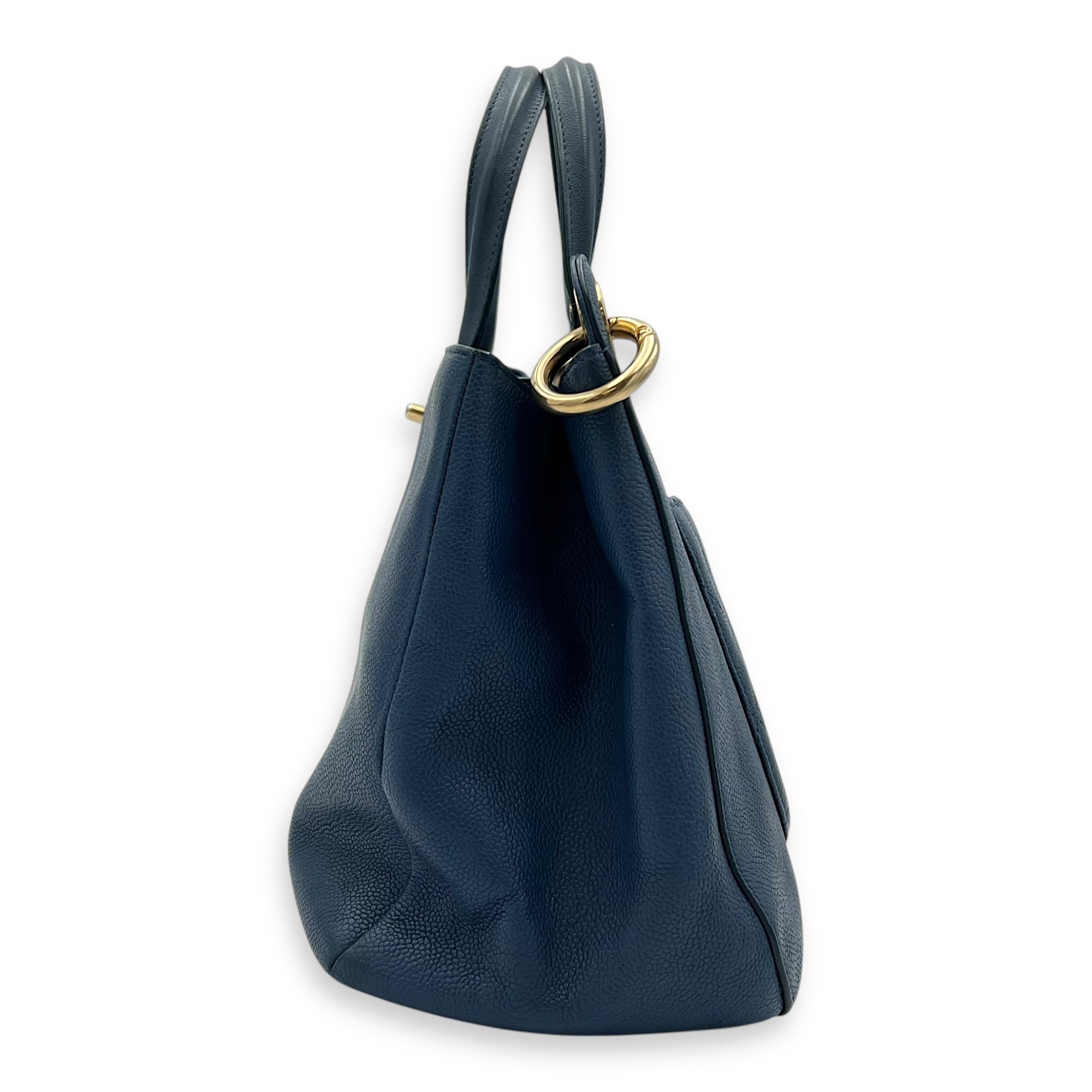 CC Lock Top Handle Bag Blue in Caviar Leather, Gold hardware - Image 4