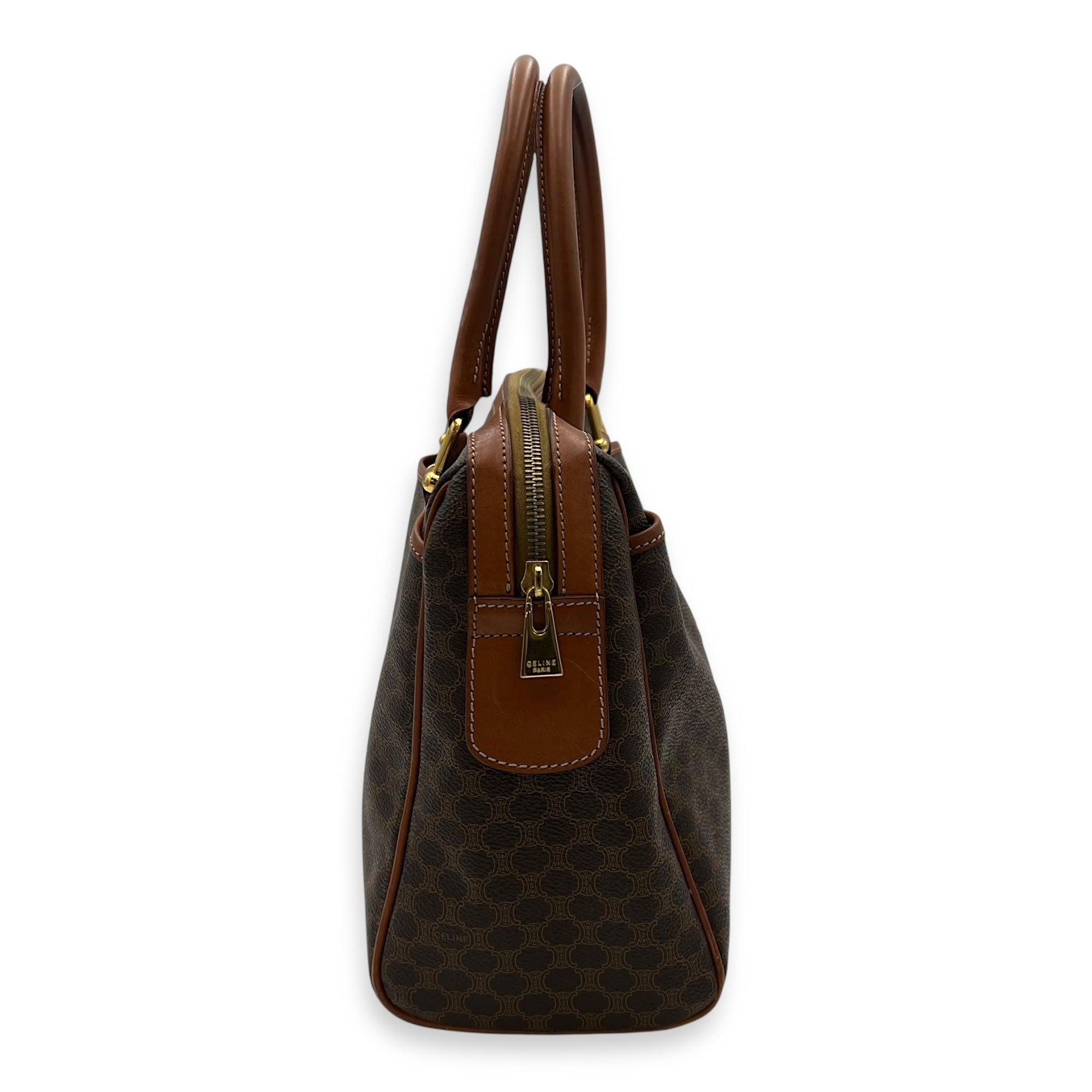 Vintage Macadam Boston Top Handle Bag Brown in Coated Canvas, Gold hardware - Image 4