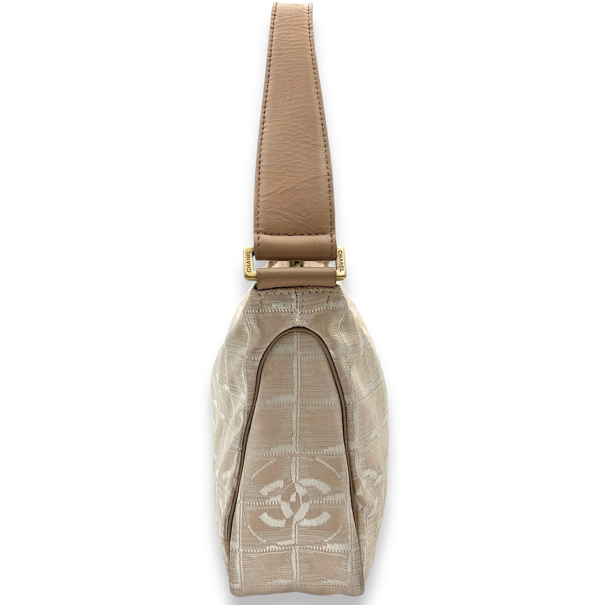 Travel Line Shoulder Bag Beige in Jacquard, Gold hardware - Image 5