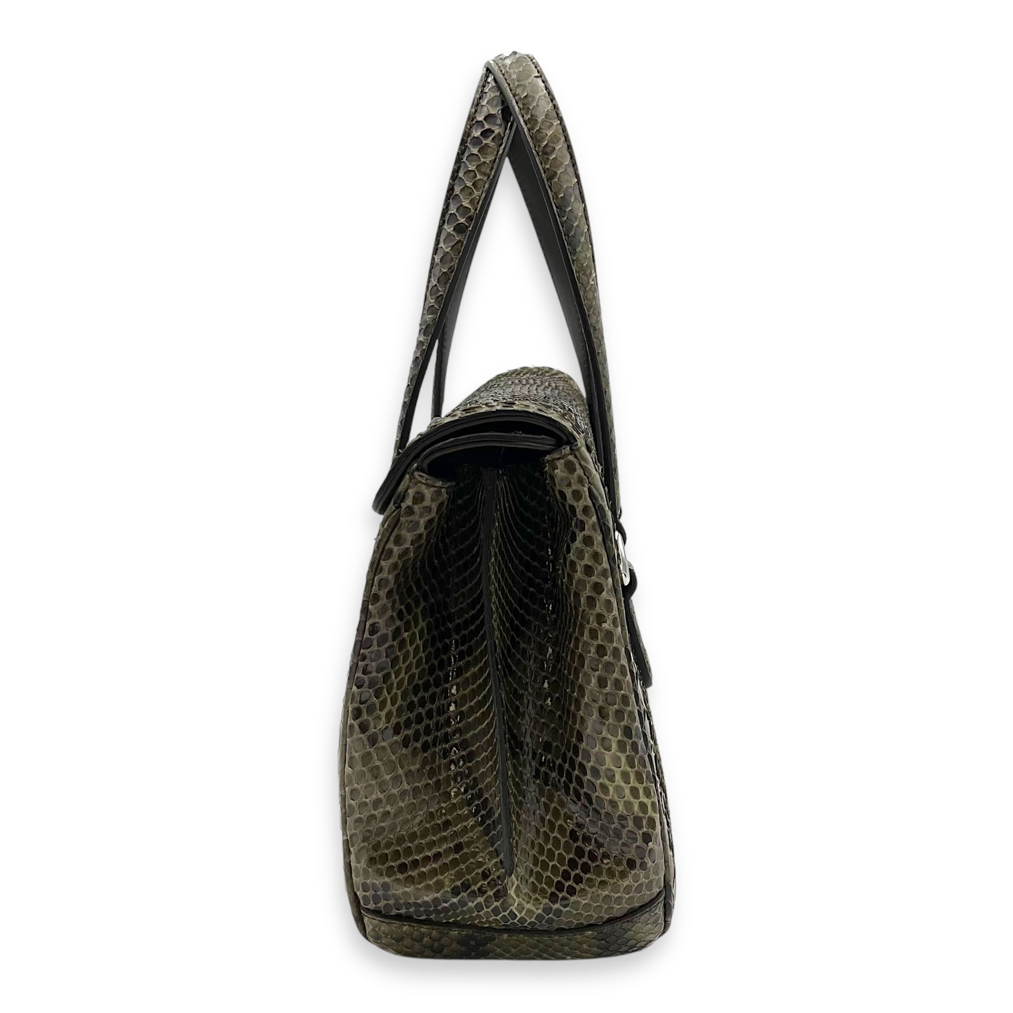 Flap Green Top Handle Bag in Snake Skin, Silver hardware - Image 5