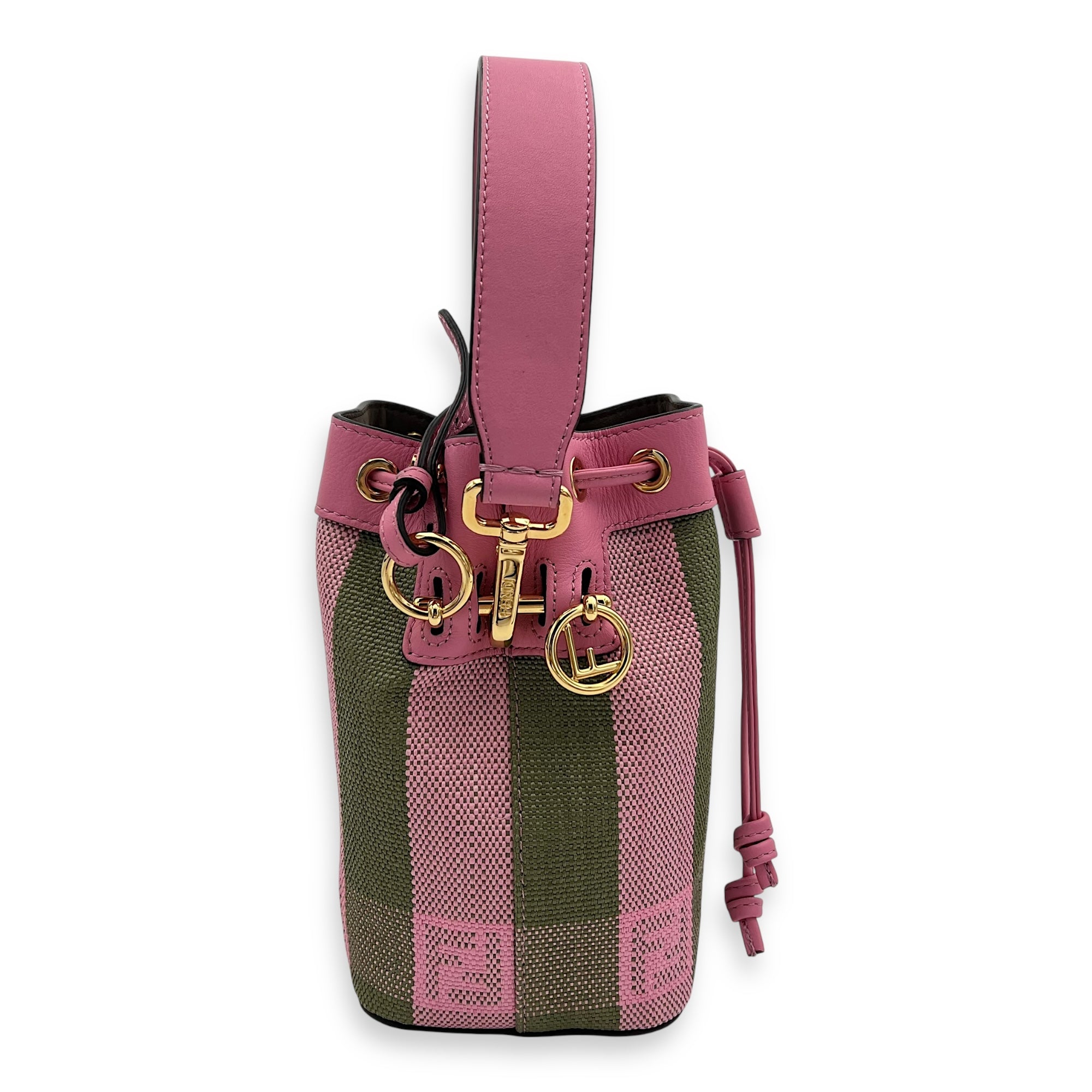 Mon Tresor Mini Pink Bucket Bag in Raffia, Gold hardware - Image 7