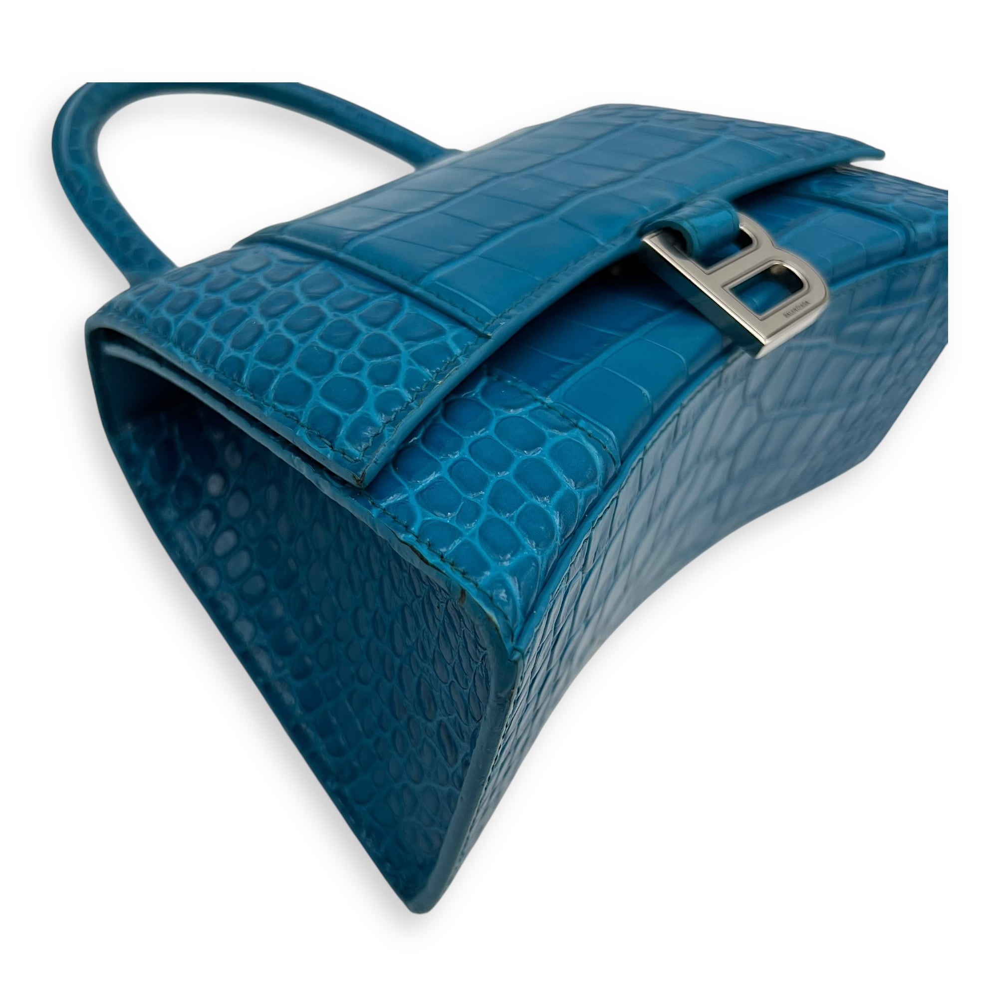 Hourglass Top Handle Bag Blue in Crocodile Embossed Calfskin, Silver hardware - Image 8