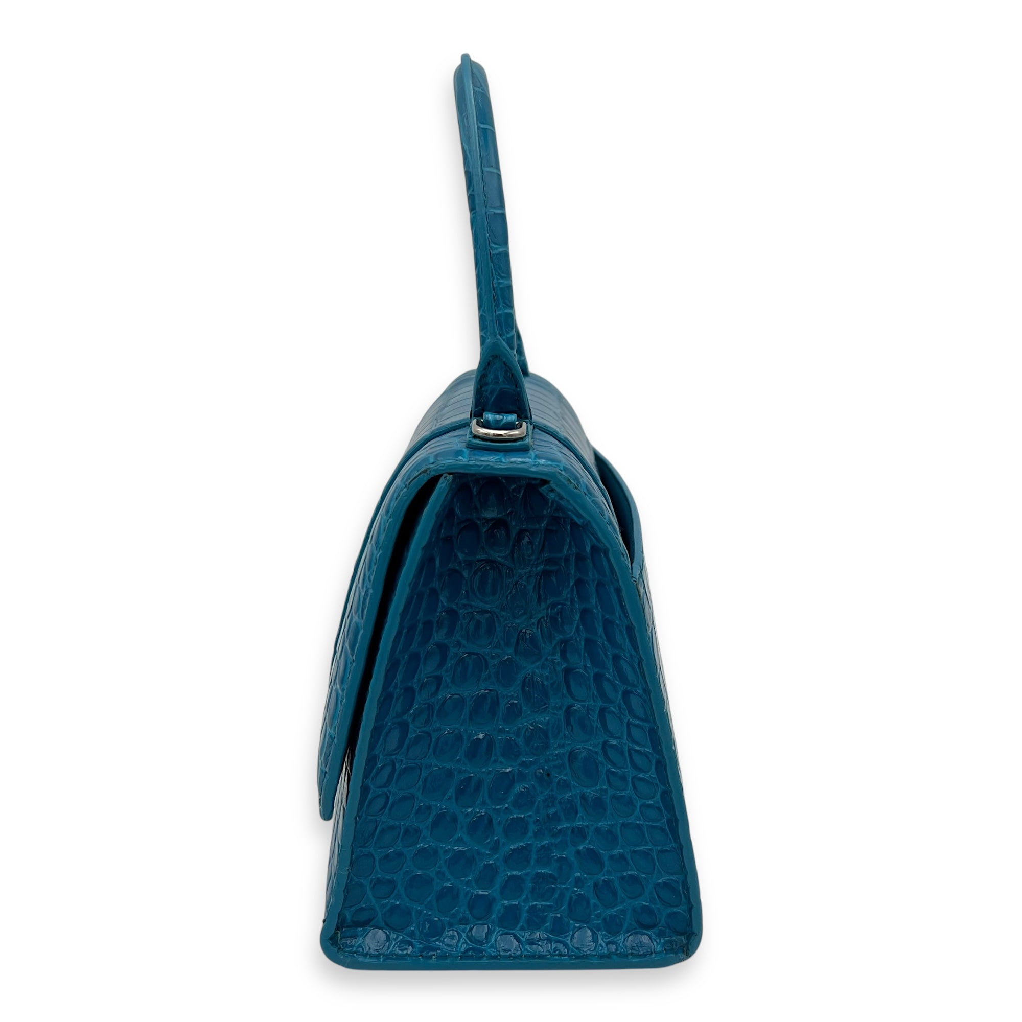 Hourglass Top Handle Bag Blue in Crocodile Embossed Calfskin, Silver hardware - Image 5