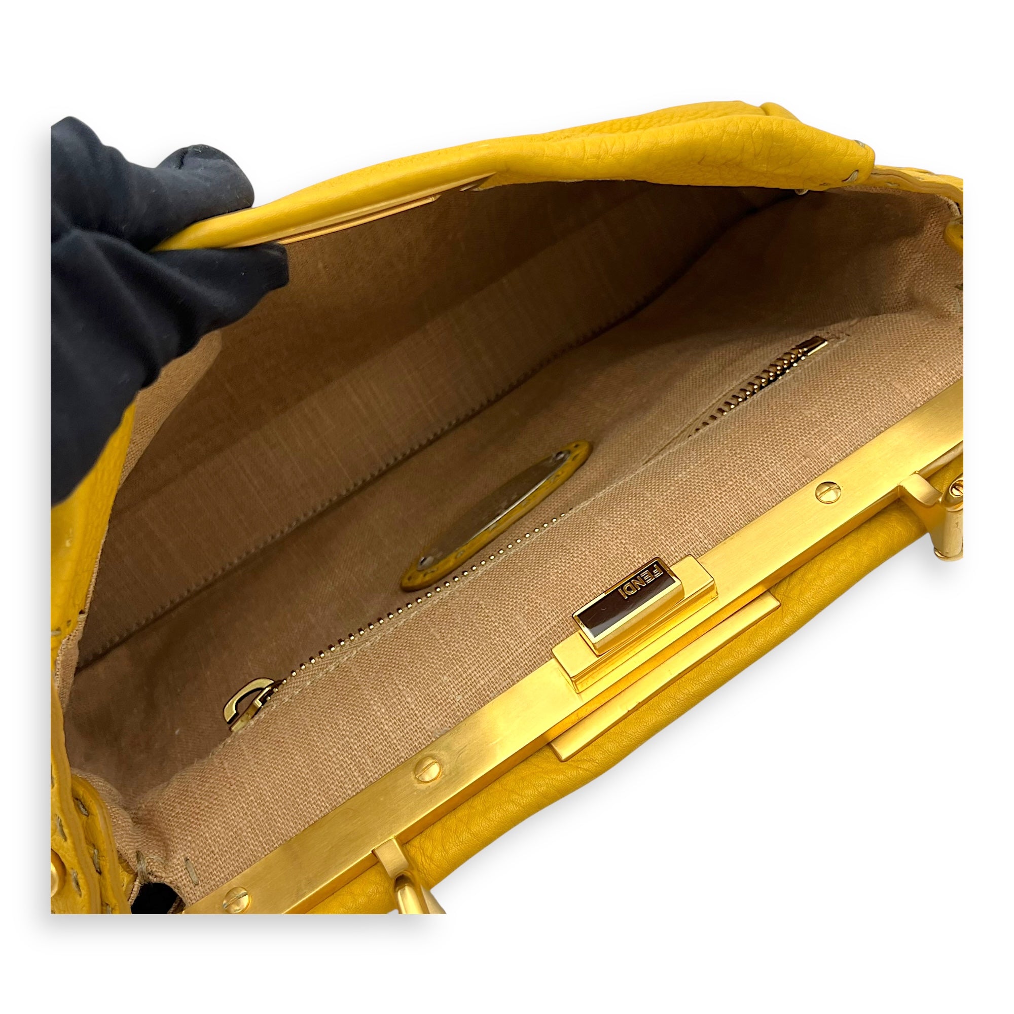 Peekaboo Top Handle Bag Yellow in Calfskin, Gold hardware - Image 11