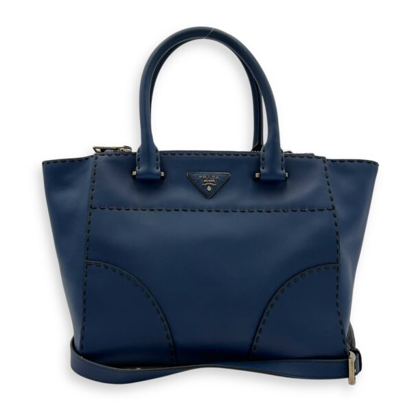 Logo Top Handle Bag Blue in Calfskin, Gold hardware - Image 13