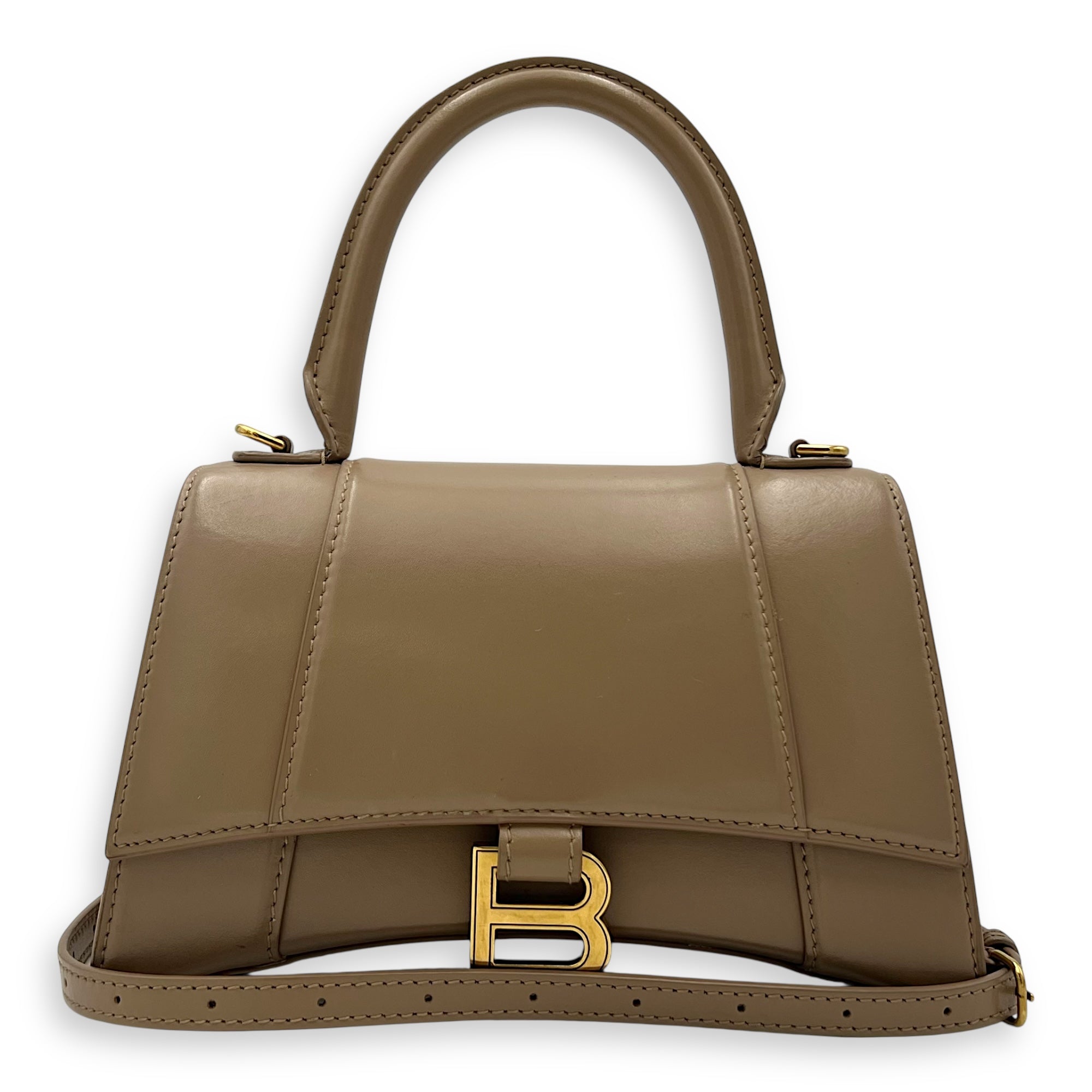 Hourglass Small Beige Top Handle Bag in Calfskin, Gold hardware - Image 14