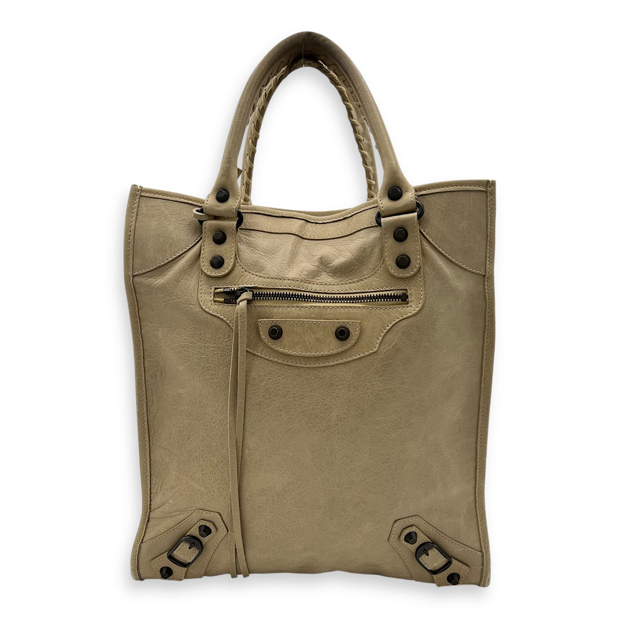 City Shopper Beige Tote Bag in Distressed Leather, Gunmetal hardware