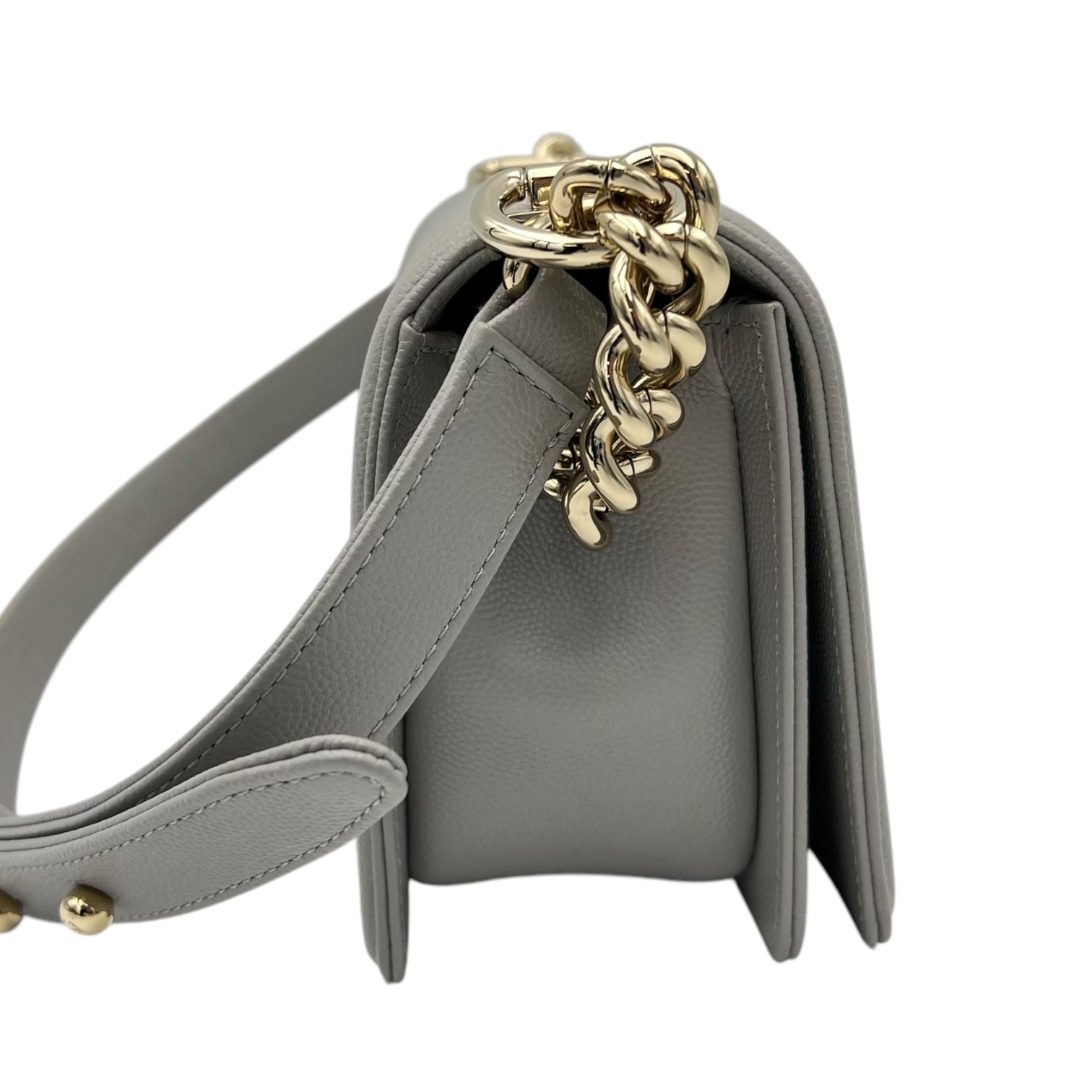 Chevron Quilted Boy Small Grey Shoulder Bag in Caviar Leather, Gold hardware - Image 4