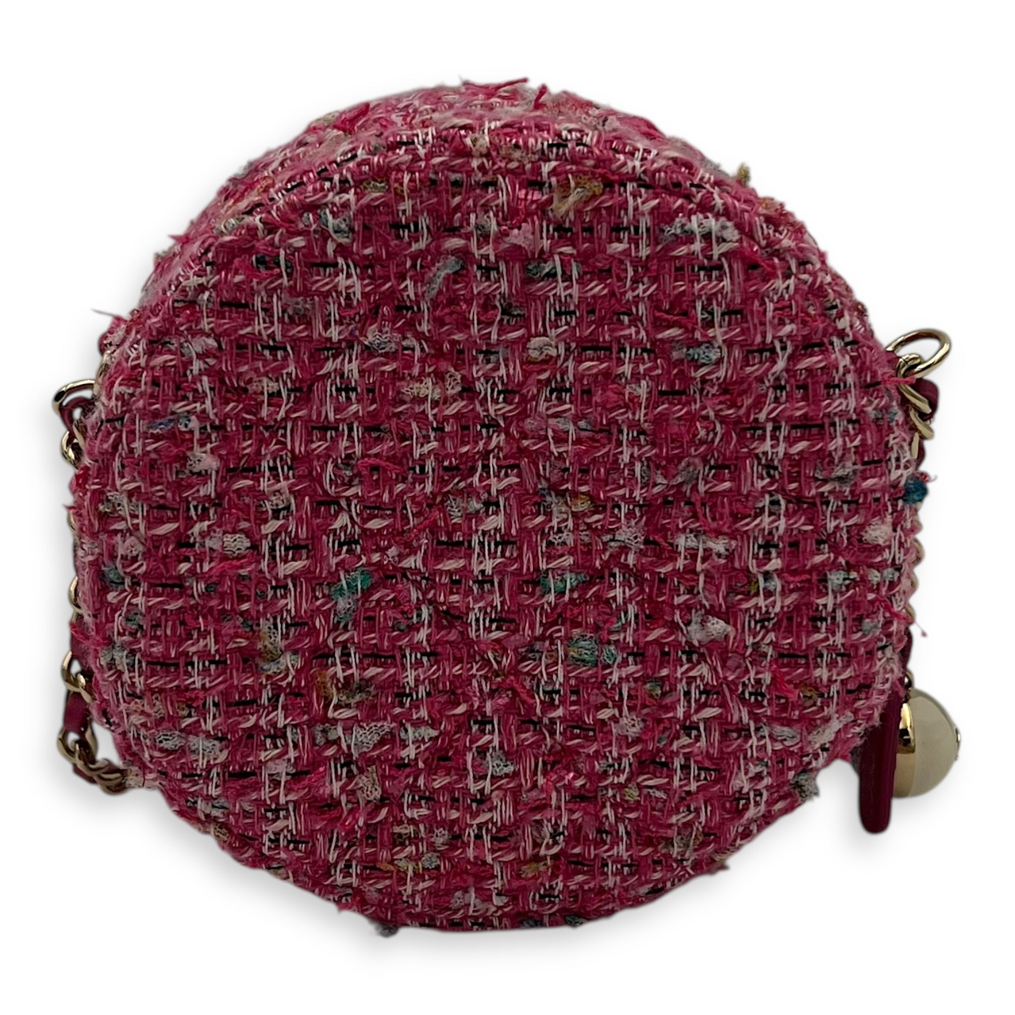 Round CC Pink Crossbody Bag in Tweed, Gold hardware - Image 3