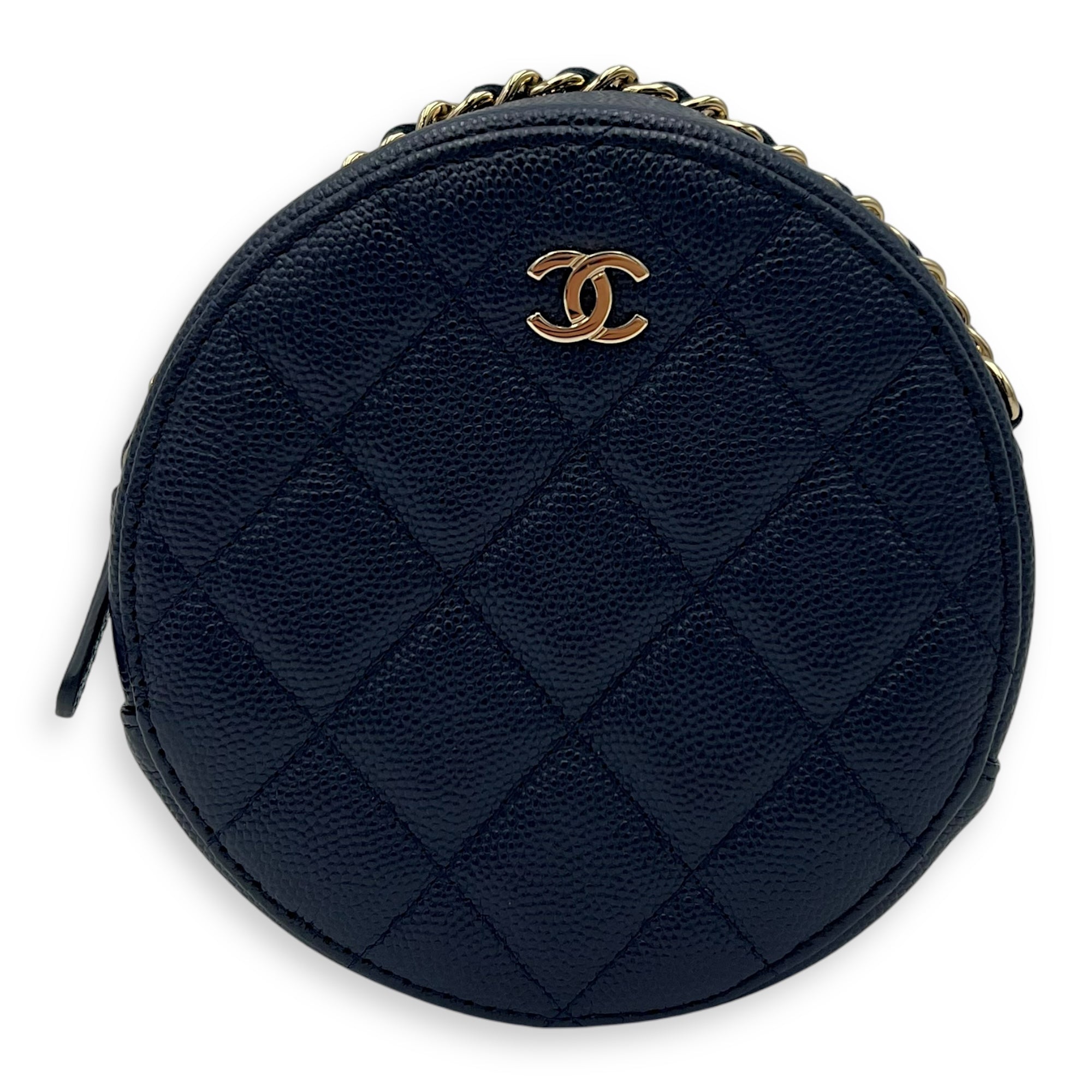 Round CC Crossbody Bag Blue in Caviar Leather, Gold hardware